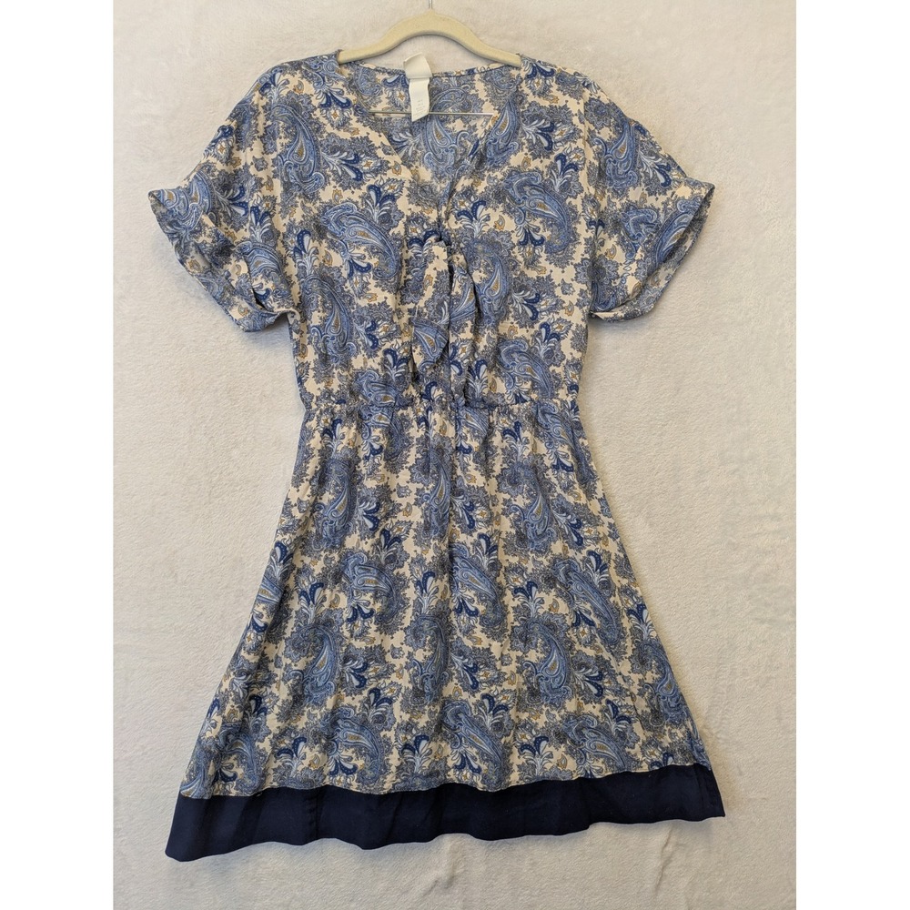 H&M Blue Paisley V-Neck Short Sleeve Elastic Waist Dress Size 4 Boho Casual